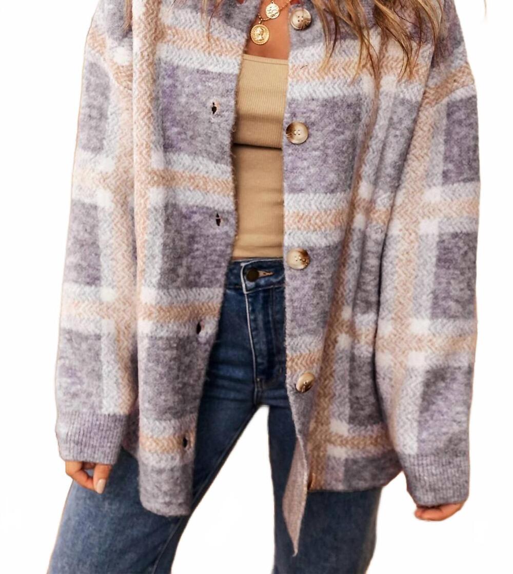NEW NOBRAND fuzzy plaid collared button up cardigan in light blue